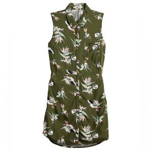 NEW VANS Green Tropical Bird Print Open Back Sleeveless Button Shirt Dress Small